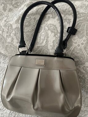 Beijo Taupe Patent Shoulder Bag with Black Handles